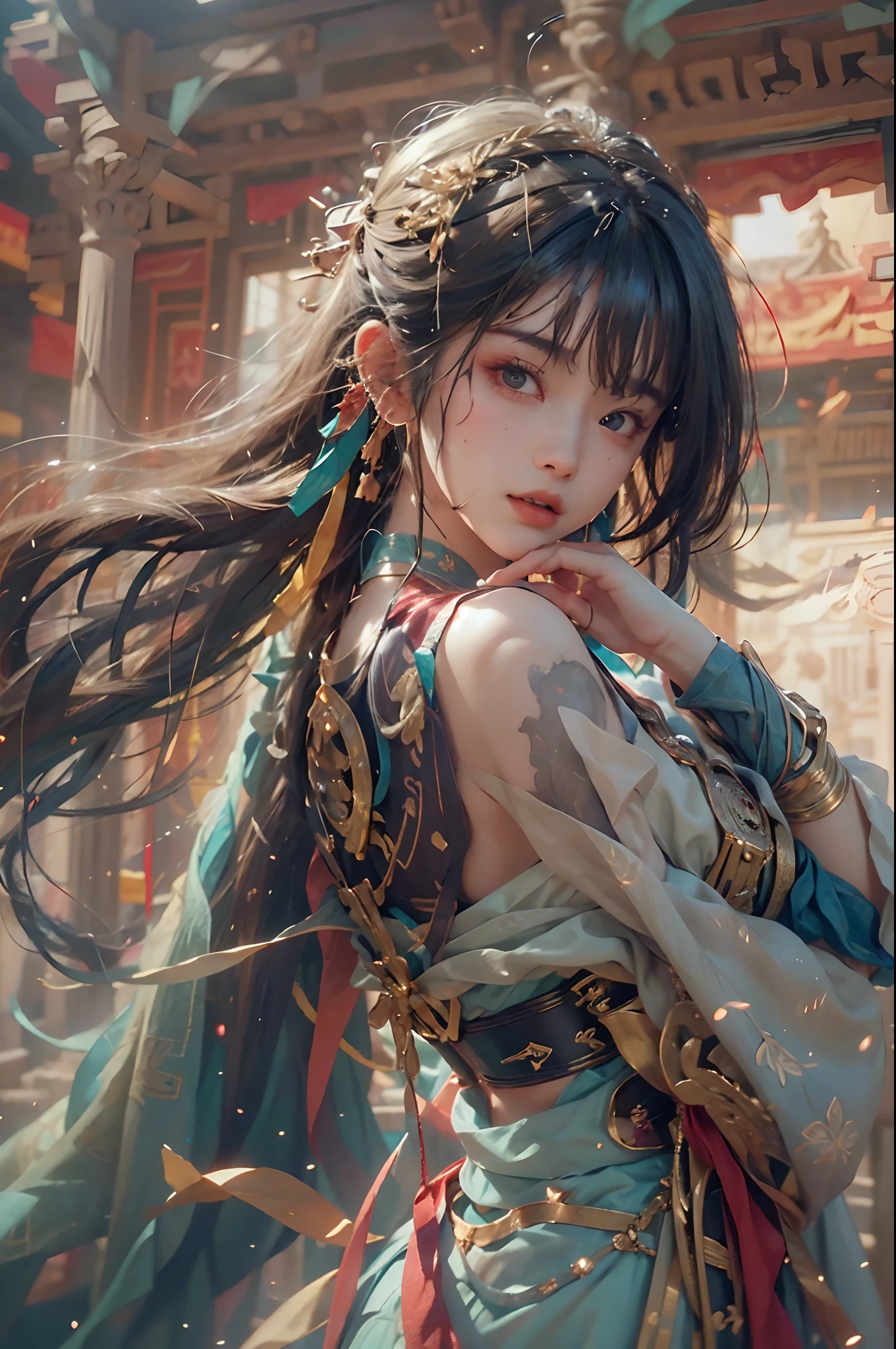 (RAW photo, best quality), (realistic, photo-realistic:1.3),best quality,highly detailed,masterpiece,ultra-detailed,illustration,1girl,upper_body,dynamic angle,world masterpiece theater,messy_long_hair,best quality,extremely detailed CG unity 8k wallpaper,ink,Amazing,cinematic lighting,lens_flare,,dunhuang_style
