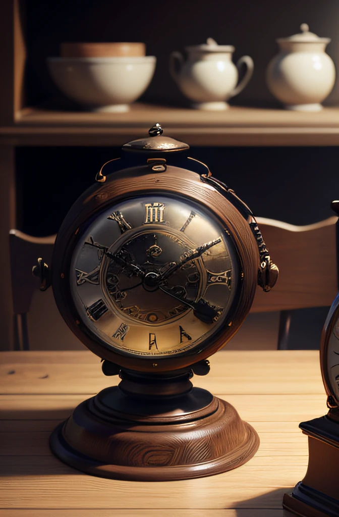 Close-up of an old clock,Placed on the table,interior scenes。the detail,realisticlying