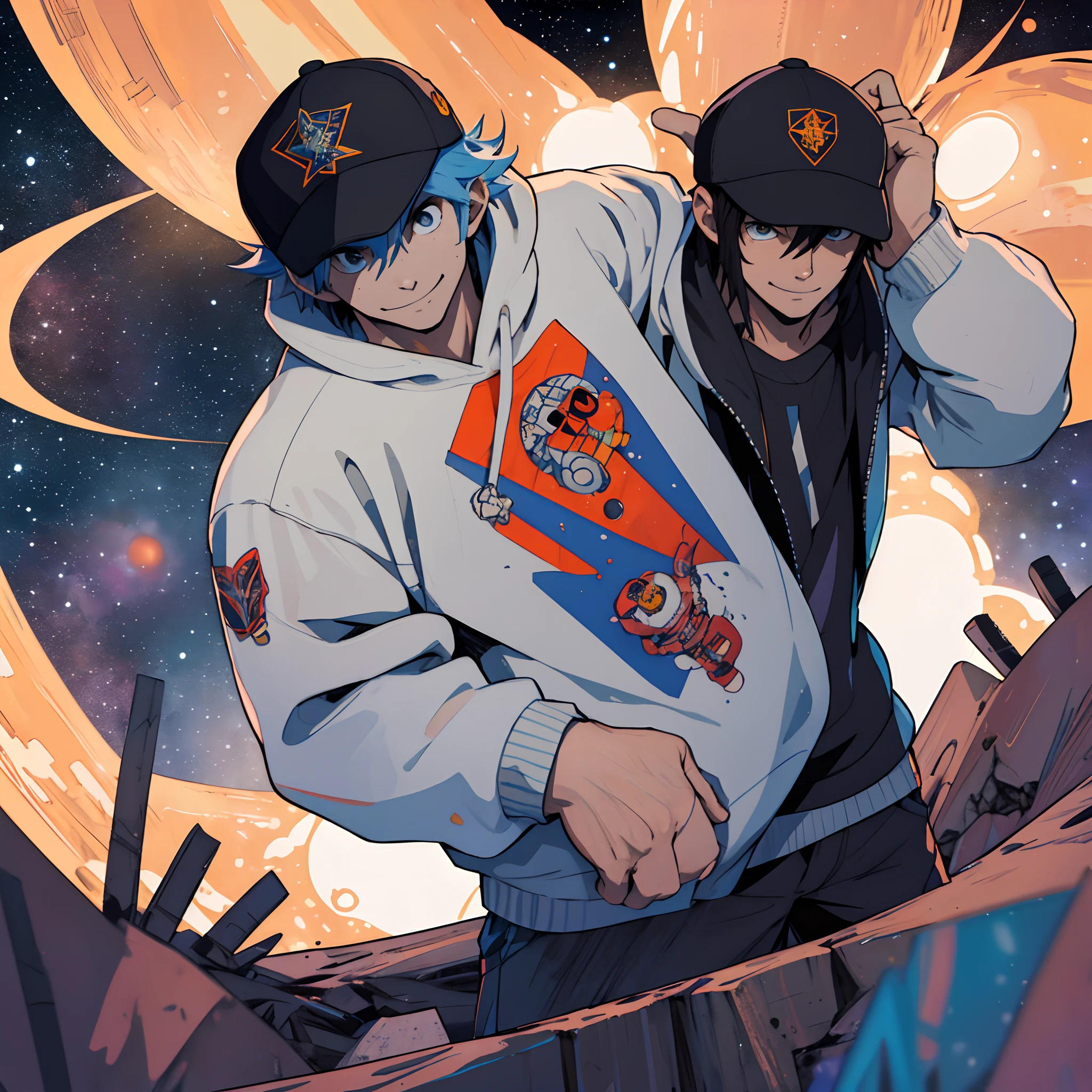 Imagen de dibujos animados de un hombre con una sudadera con capucha de estampados de galaxia con cuernos, Gorra estampada de galaxia, Art Style Anime, [[[sonriendo malvado]]]], weirdcore voidpunk, unknown artstyle, Blade de Drain Gang, Retrato de personaje de DarkSynth, sonrisa loca, ((Zerator)), sonrisa nefasta, Single character, cuerpo completo,Urban style
