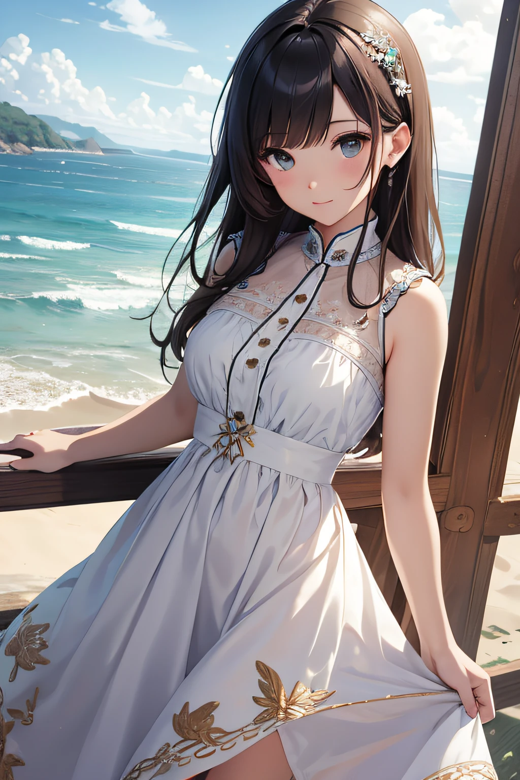 masterpiece、Background with((sea side、sand beach))、a beauty girl、Highly detailed embroidery on the dress、skirt by the、