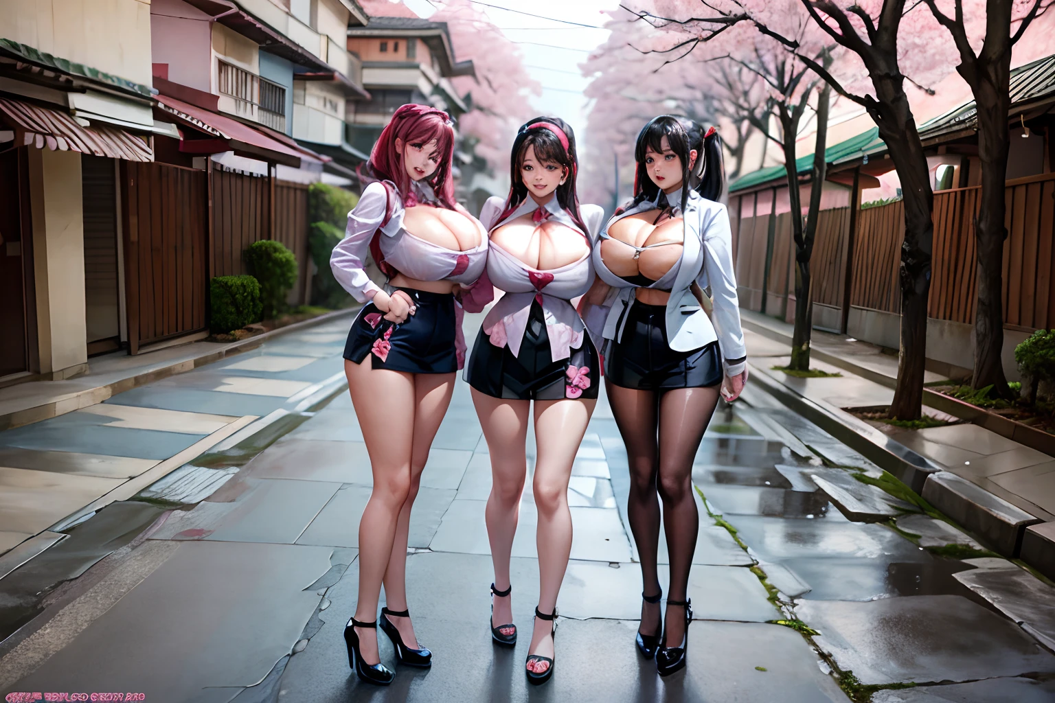 Cherry blossom And Street, 7 busty women on the street, full body shot,  giga_busty