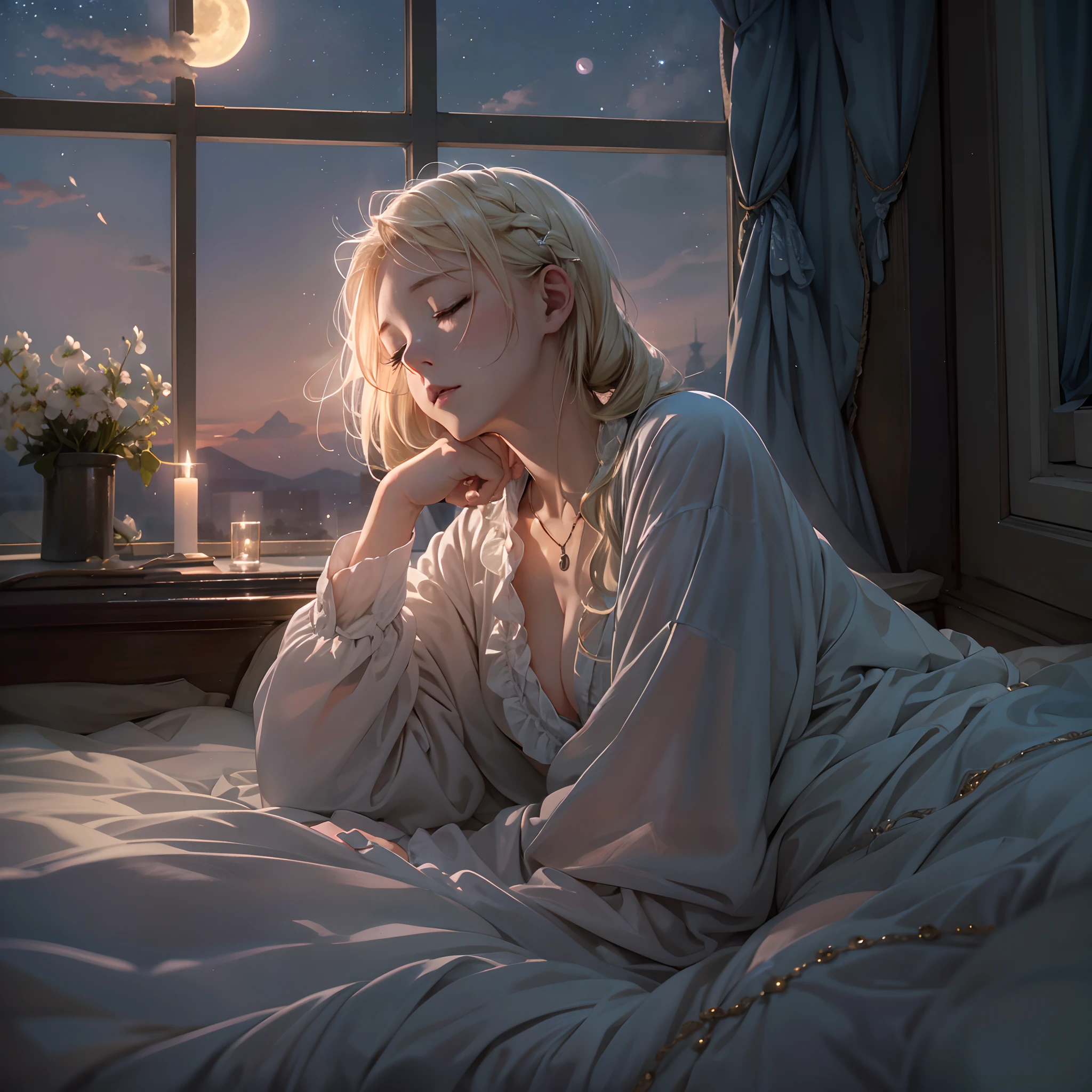 (masterpiece),(top-quality:1.2),1girl in,(masuter piece:1.3),exquisitedetails, Highest quality 8K resolution, Ultra-detailed, Realistic, (Melody Mark:1.2),Vibrant colors, Soft tones, With warm and gentle lighting,In a serene, Long blonde woman sleeping on bed in bedroom. Her eyes, Quietly closed, The air of silence in the room. Outside, From a nearby window, appearing。 (Night Moon), Painting the world with a gentle glow, Midnight Dawn. Inside, The room is dimly lit, (Dim lighting) aura, Enveloped in the silence of the moonlight. This atmosphere, accompany (Gentle night air), Quietly flowing around, Enveloping a woman wrapped in a cocoon of silence、Rest in peace、An air of silence,(from above)、(closed eyes)、(lying:1.4)、(sleeping:1.5)、oversized pajamas、Bedroom at night、darkened room、(blonde short hair)、(low twintails)、shiny hair、(moon light)、Small necklace、hair clip、spoken Z、