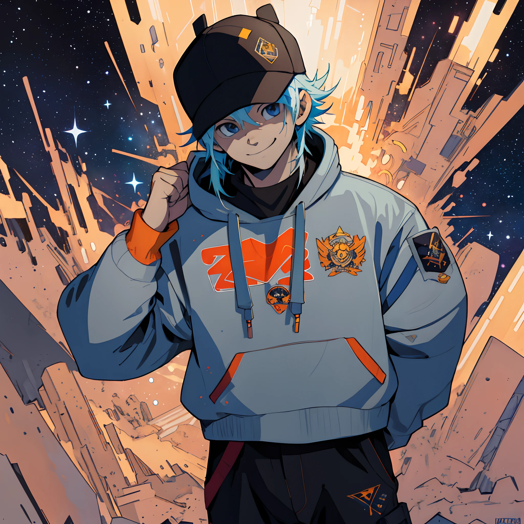 Imagen de dibujos animados de un hombre con una sudadera con capucha de estampados de galaxia con cuernos, Gorra estampada de galaxia, Art Style Anime, [[[sonriendo malvado]]]], weirdcore voidpunk, unknown artstyle, Blade de Drain Gang, Retrato de personaje de DarkSynth, sonrisa loca, ((Zerator)), sonrisa nefasta, Single character, cuerpo completo,Urban style