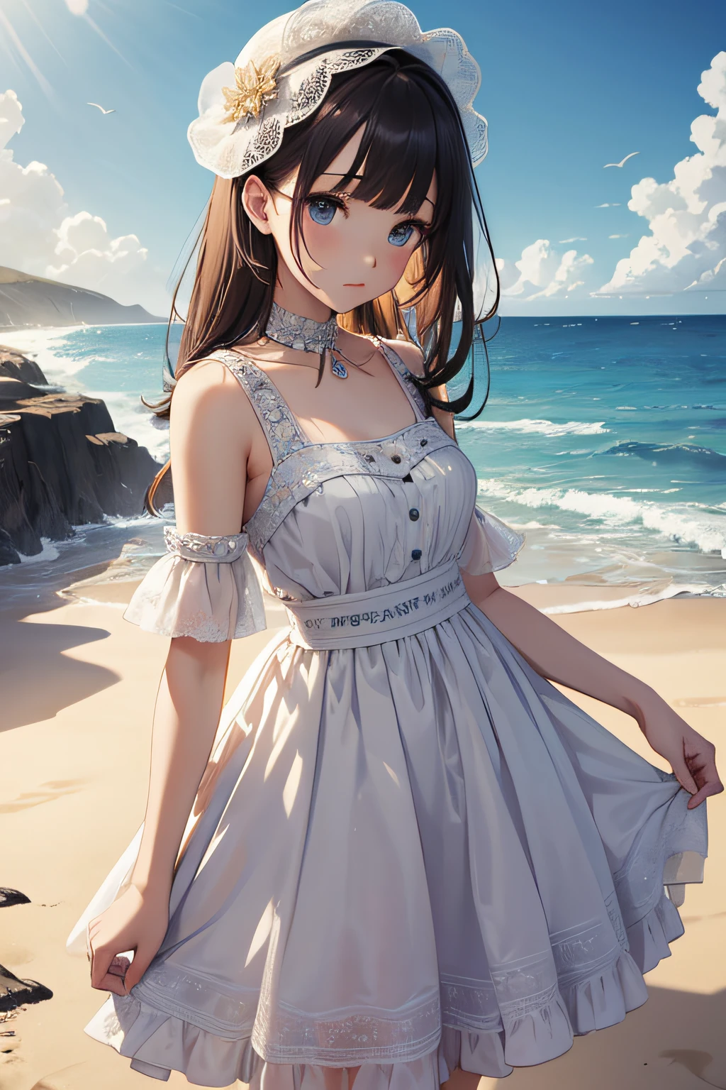 ​masterpiece、Background with（（sea side、sand beach））、20yr old、a beauty girl、Highly detailed embroidery on the dress、skirt by the、