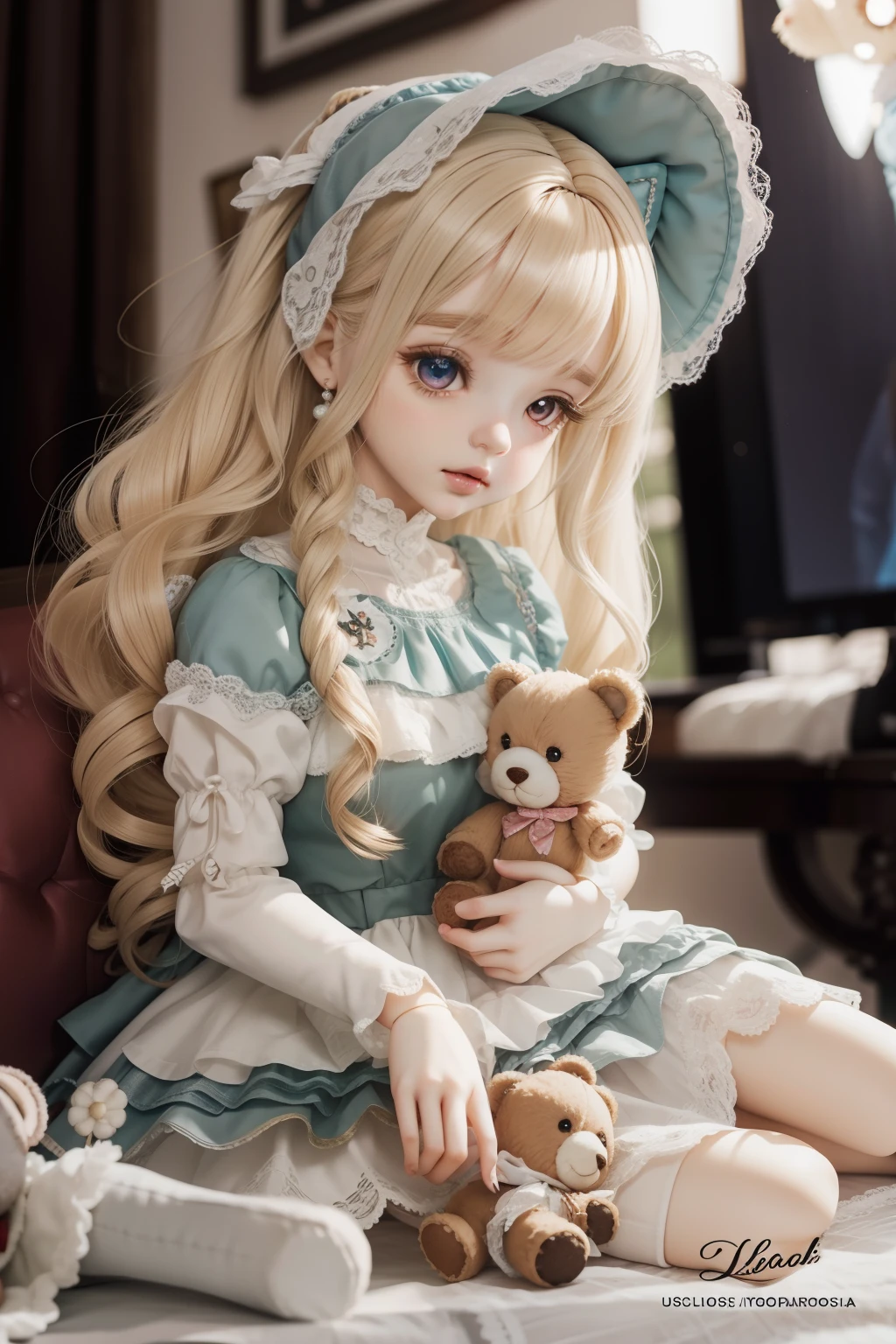 A close-up of a doll with a teddy bear on a table, Articulated doll with ball, anime barbie doll, Dulce conejita ultrarrealista, Cute pocelain doll, plastic doll, Dollfie Dream, artdoll, muy hermosa linda catgirl, Portrait of the Barbie doll, LUTS, BJD, Wrist in hand, Loli en vestido, integrated synthetic android