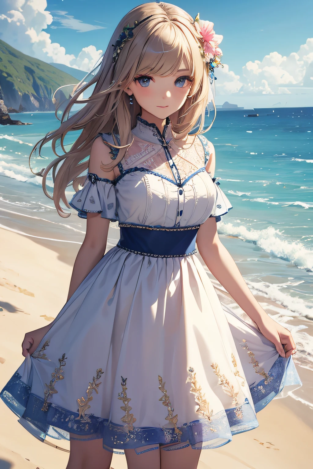 ​masterpiece、Background with（（sea side、sand beach））、20yr old、a beauty girl、Highly detailed embroidery on the dress、skirt by the、