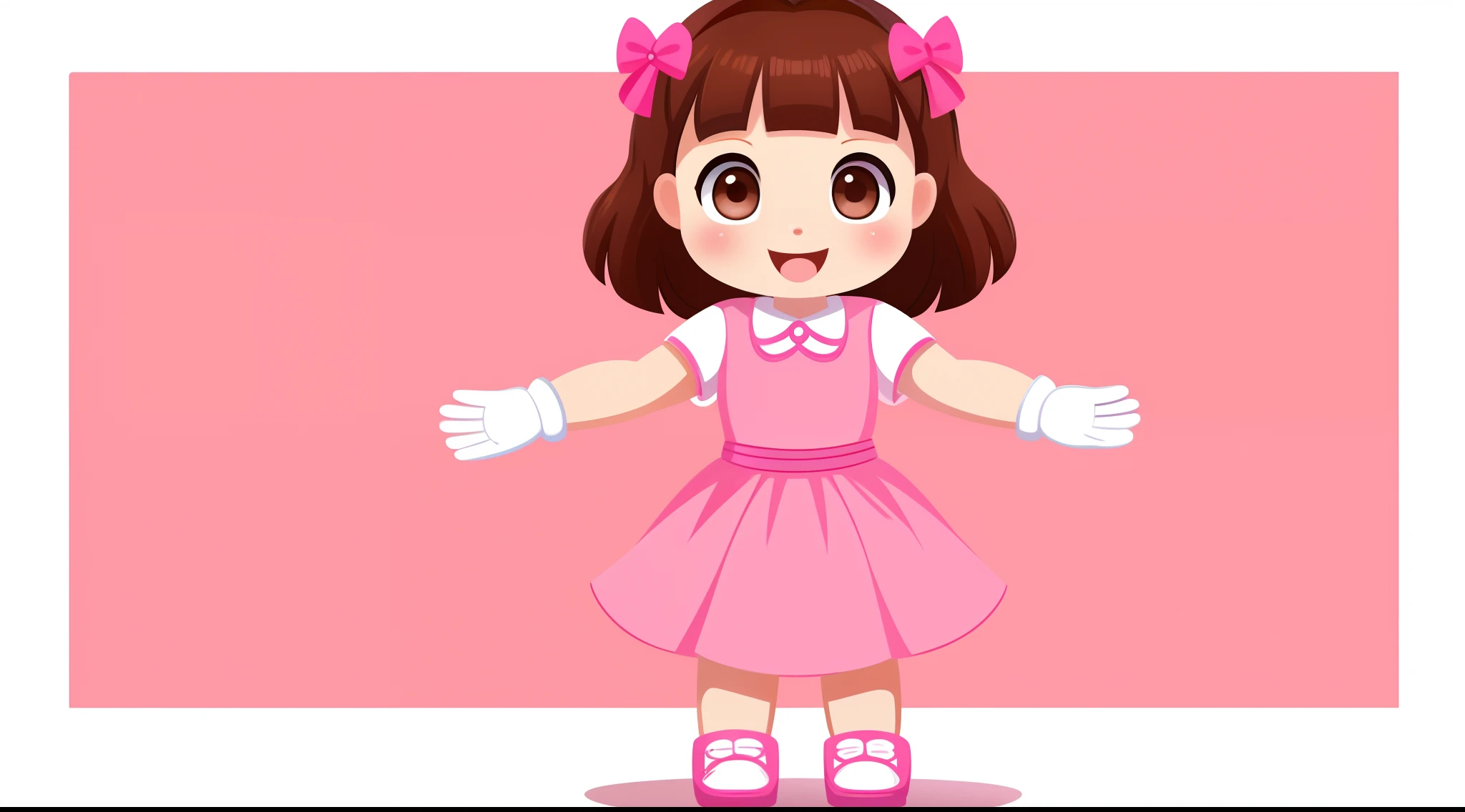 front image of a single 5 year old girl waving her hands at the camera, alone, happy, with brown hair, brown eyes, rosy cheeks, pink dress, white gloves, pink shoes, white background, 2D style children's illustration.
