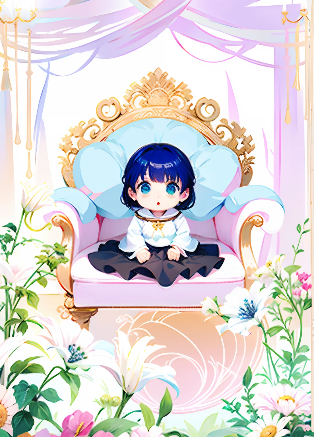 There is a cartoon girl sitting on a chair with flowers, pale snow white skin, meu vestido queridinho anime, em ryuuou no oshigoto estilo de arte, Tsuaii, em uma sala do trono, deitado um trono em uma terra de fantasia, visual anime de uma menina bonito, anime moe artstyle, lolish, sentado em um trono dourado