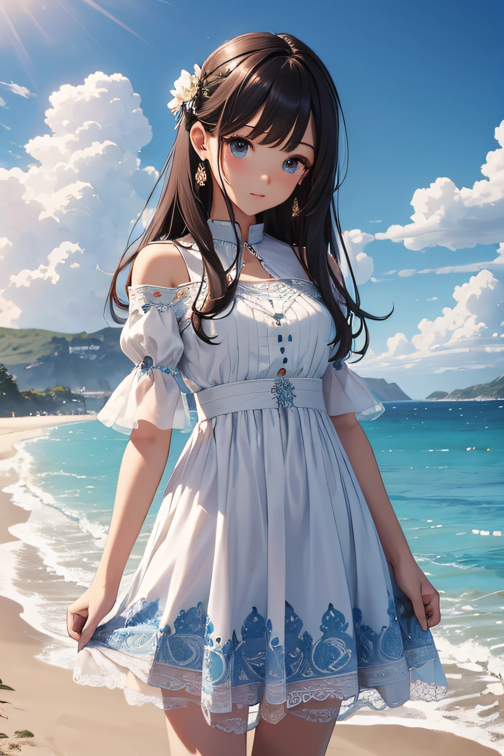 very cute and beautiful girl,White frilly sundress with fine lace,(Very beautiful face and eyes:1.2),smile
ひまわり畑の真ん中に立つ,Beautiful summer sky,
Mid Shot,(smile),Black Hair,Dynamic pose,Leg Details,
(highest quality,masterpiece:1.2),Absurd,High resolution,Very detailedな,Very detailed,32k,8k resolution,
Intricate details,Movie Scenes,Detailed Background,alone,Dynamic Angle,
alone,Hair blowing in the wind,
