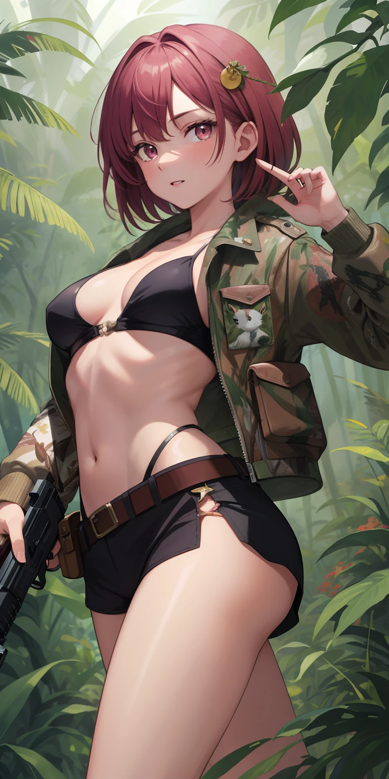 masterpiece, best quality, highly detailed, 8K,(highly detailed background:1.0) ,1girl, has dark pink hair, has sharp ice brown eyes, give accurate facial features, give accurate hands, accurate legs, HD , thighs appears , has a shooting ability , small boobs appears ,holding a pistol , has a gun , (hunting in the jungle)