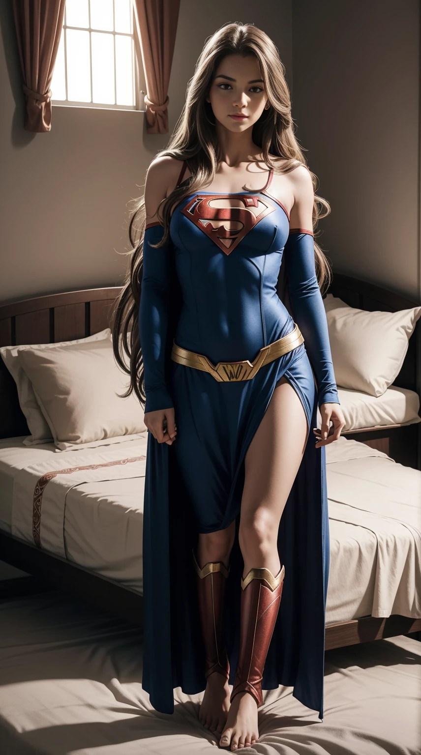 full body standing straight barefoot, long hair, triplets, holding hands on bed, sleeping together, superheroine girl, super sexy. best quality, realistic photo, cowboy shot, bedroom background, bed, sheet, pillow