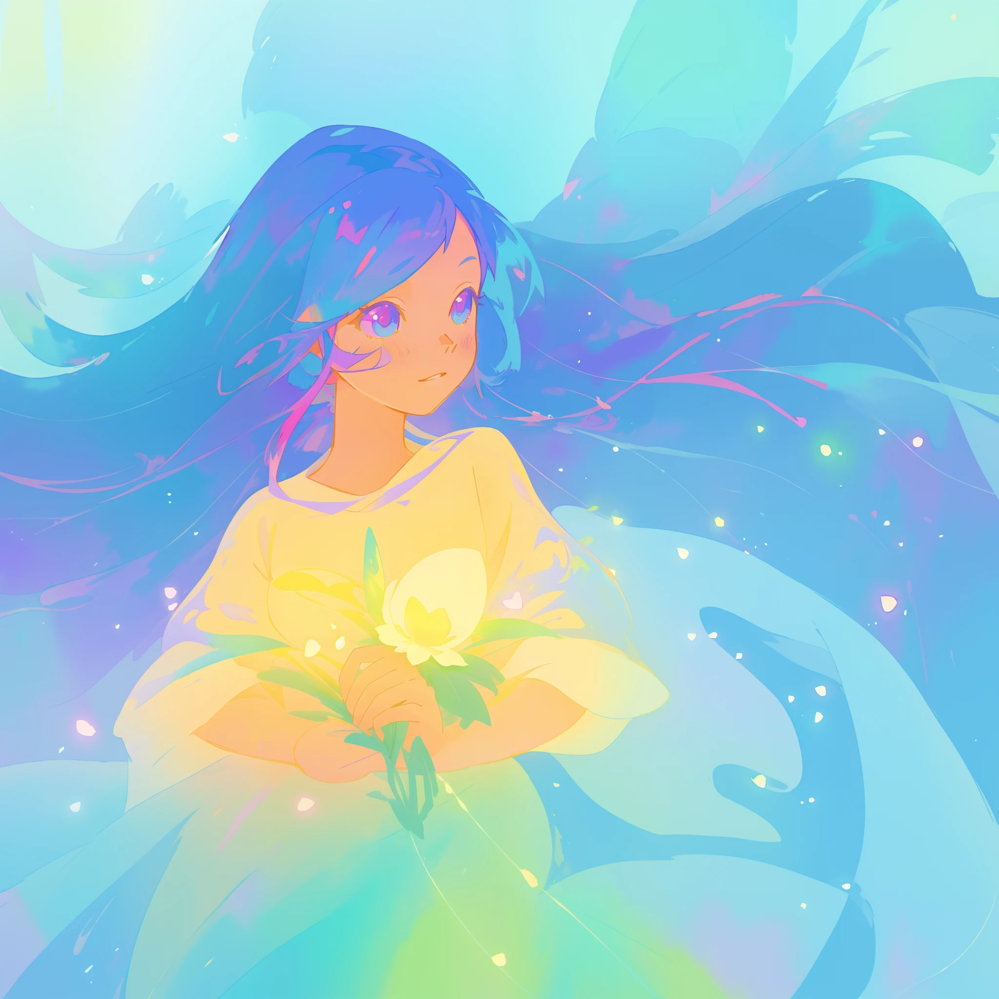 beautiful girl in yellow minut gradient flowing dress, long flowing blue purple pink hair, colorful fantasia background, watercolor illustration, disney art style, glowing aura around her, glowing lights, beautiful digital illustration, fantasia otherworldly landscape plants flowers, beautiful, masterpiece, best quality, anime disney style
