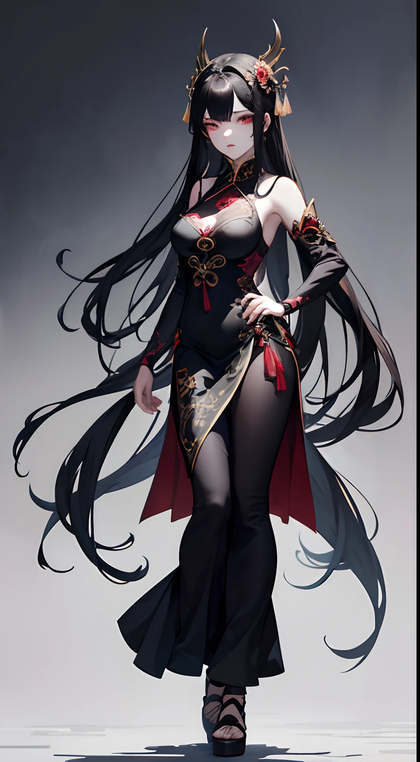 high quality,realistic,[female],[jiang shi],[chinese zombie],[chinese dresses],[qi pao],[talisman on head],[nighttime],[breast exposed],petite body shape,detailed eyes and face,long eyelashes,pale skin,graceful posture,ominous atmosphere,dark background,mysterious aura,classic horror,traditional attire,meticulous details,strong presence,blending of modern and traditional elements,powerful and menacing,ethereal beauty,delicate features,moonlight illuminating the scene,subtle shadows and highlights,lush surroundings,sublime aesthetics,rich color palette, masterpieces, full body shot