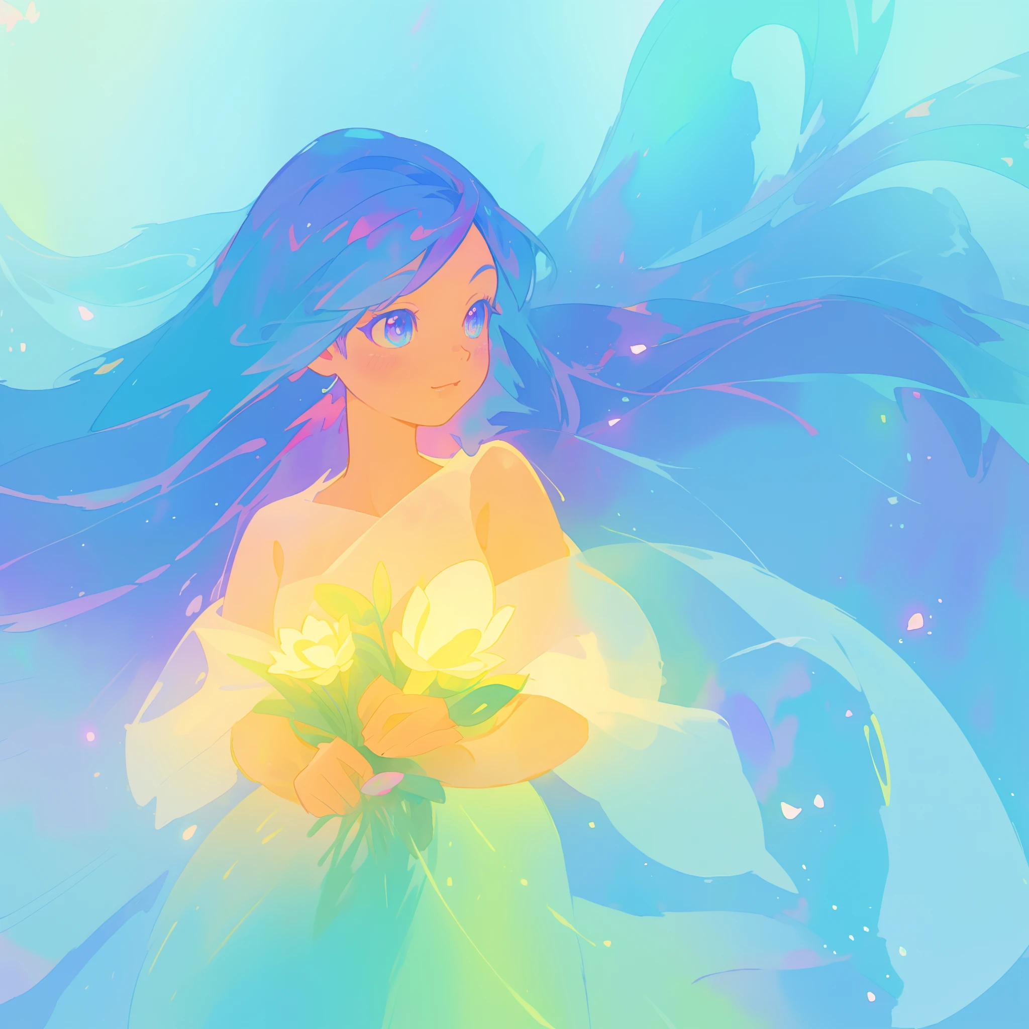 beautiful girl in yellow minut gradient flowing dress, long flowing blue purple pink hair, colorful fantasia background, watercolor illustration, disney art style, glowing aura around her, glowing lights, beautiful digital illustration, fantasia otherworldly landscape plants flowers, beautiful, masterpiece, best quality, anime disney style