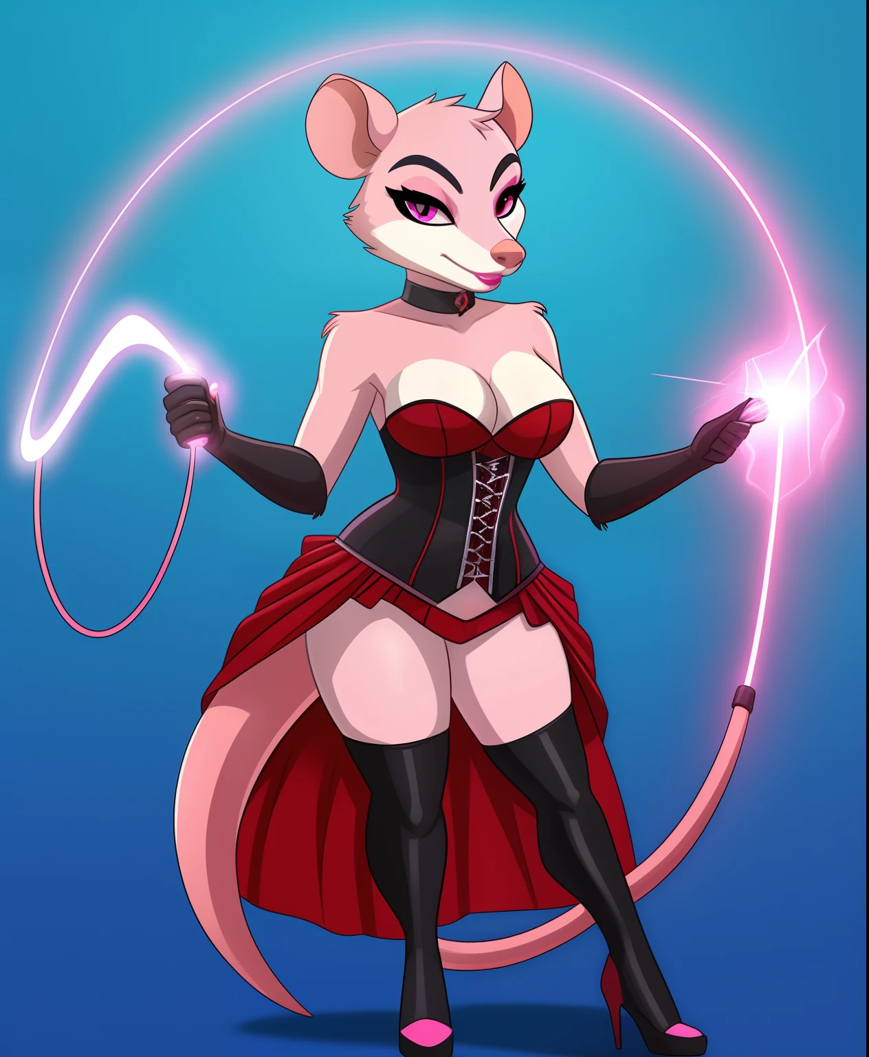 Animal Instinct the female possum supervillain, scarlet corset dress, holding an energy whip capable, light pink lipstick, full body view