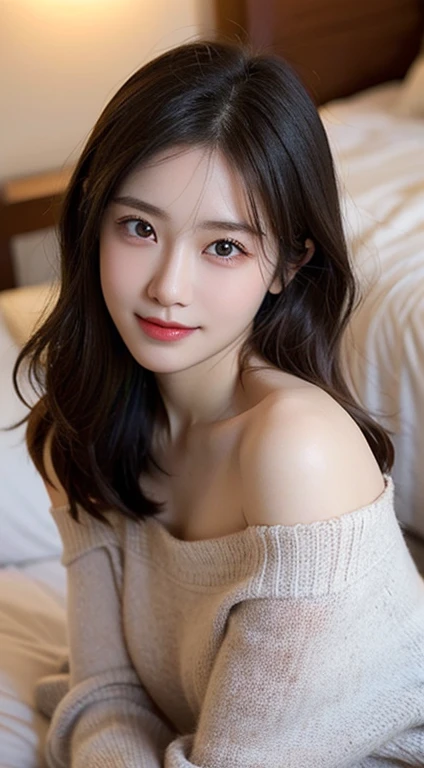 Innocent girl、((Wearing a large off-the-shoulder,pose sensual)),Smile,Beautiful brown long hair,Raw photo, (in 8K、top-quality、masterpiece:1.2)、(intricate detailes:1.4)、(Photorealsitic:1.4)、Studio Soft Light, Rim Lights, vibrant detail, super detailing, realistic skin textures, Detail Face, Beautiful detail eyes, Lying in bed, make - up, (detailedbackground:1.1), shinny skin, ,beutiful breast,Angle from above