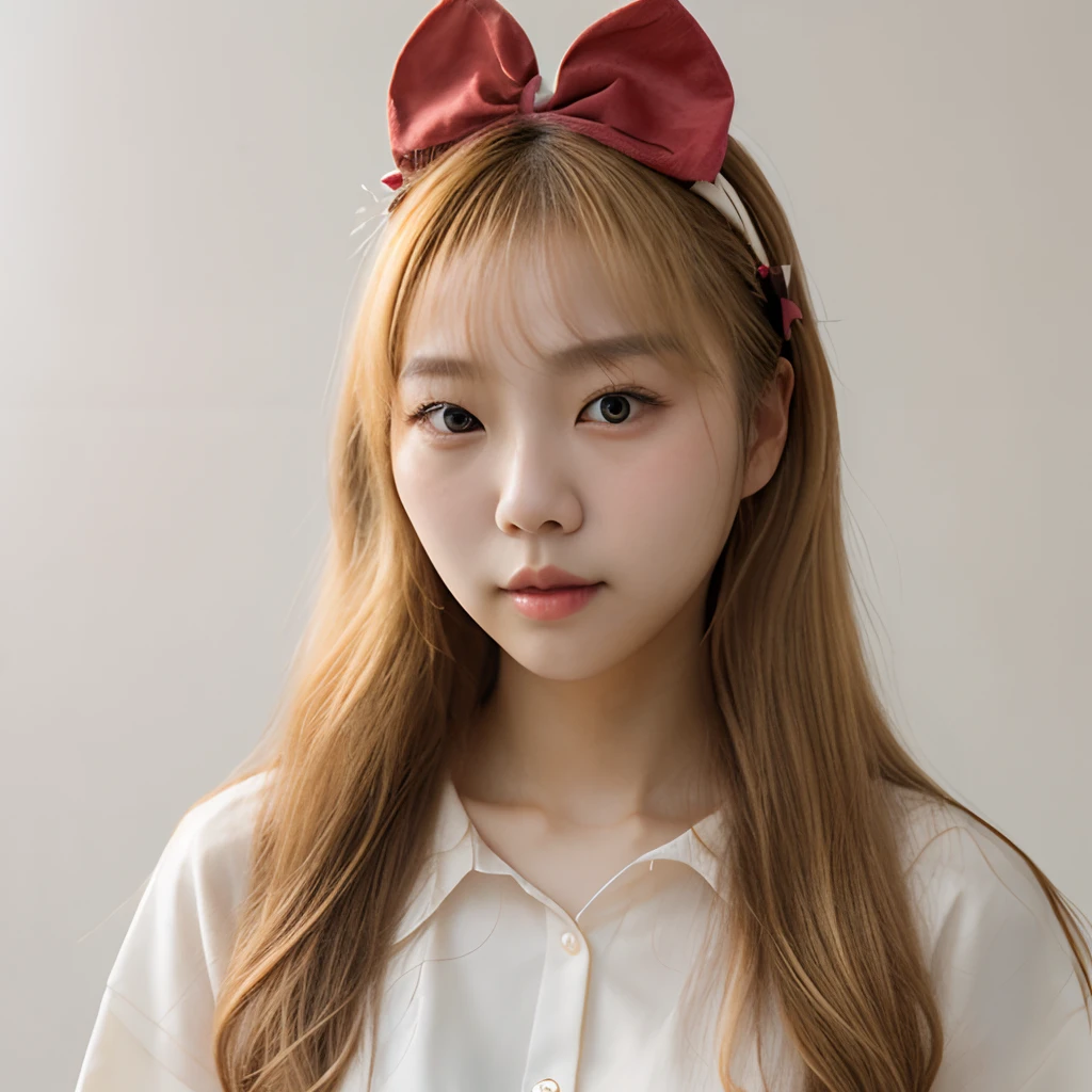 A cute blonde Korean woman with bows on her head
