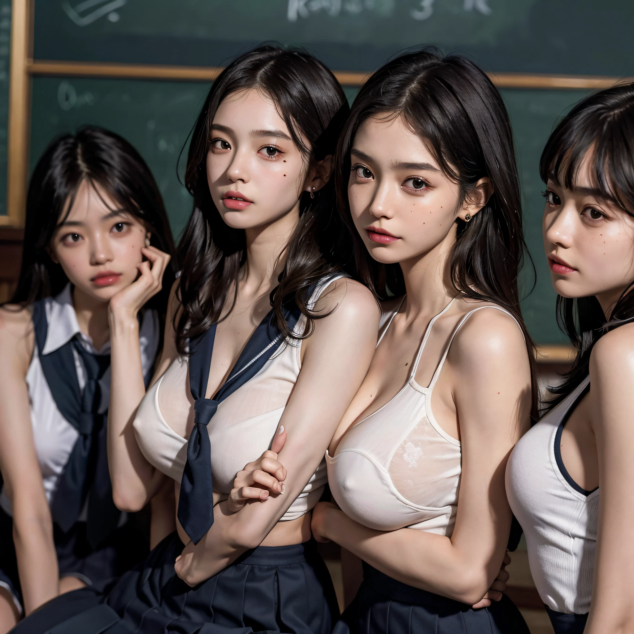 absurdres, RAW photo, extremely delicate and beautiful, masterpiece, Best Quality, ultra high resolution, 16k, hyperrealistic, ultra-detailed, perfect anatomy, super Detailed skin, perfect figure, Very detailed CG 8k wallpaper, in her 20s, very Slim body, narrow waist, very small head, very small face, double eyelids, delicate facial features, makeup, tearful mole, mole on chest, earring, thin legs, ((very huge round breasts)), (((((3 girls))))), bronze hair, short hair, wavy hair, sweat, sleeveless, (((school uniform))),