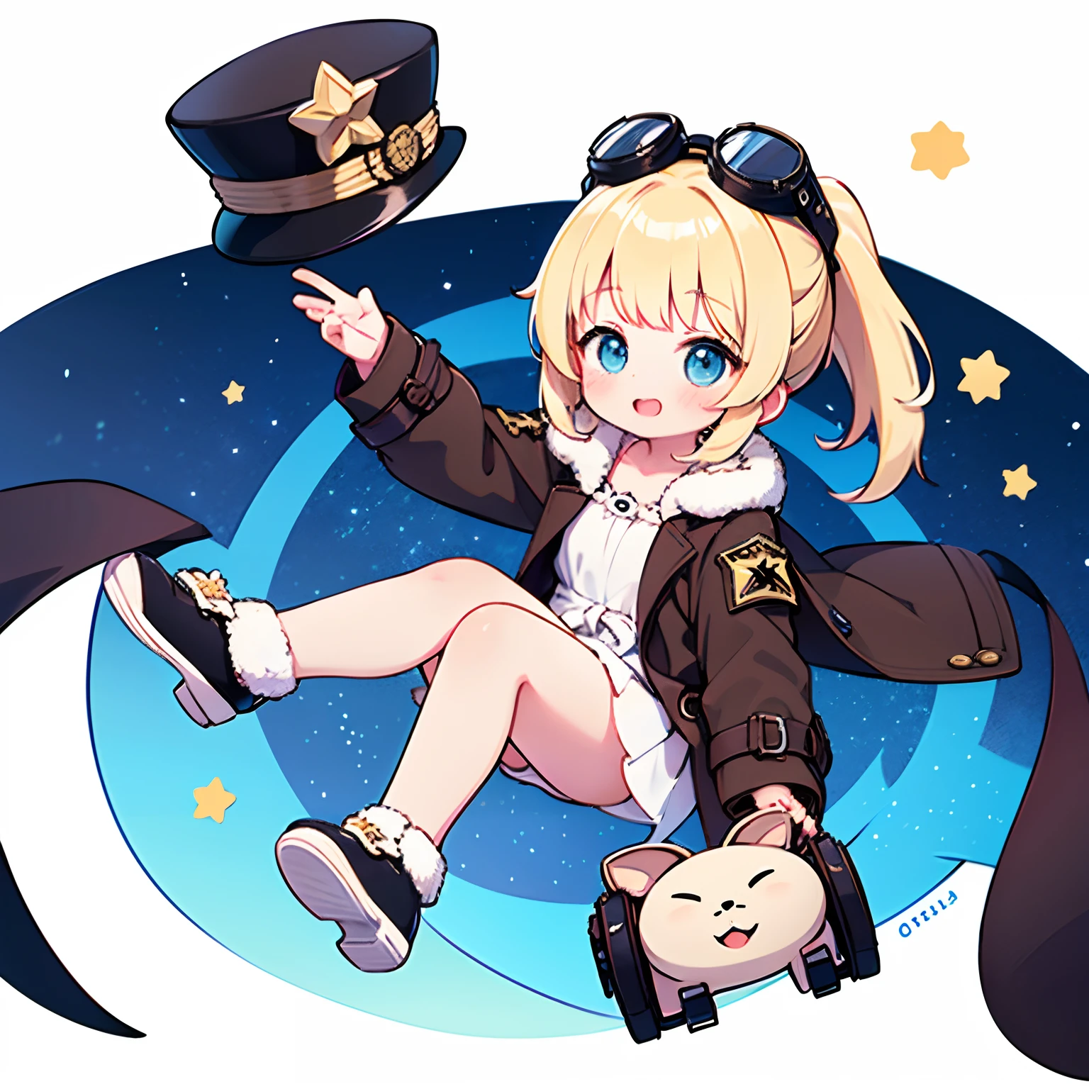One Little Girl,Young,Wide brown trench coat with patches,Protective goggles,Brown pilot's fur hat,blond hairbl,Tied in a low ponytail,blue color eyes,starryskybackground,As estrelas,(full bodyesbian),「White background 1::5」,solo person,flatchest,ssmile