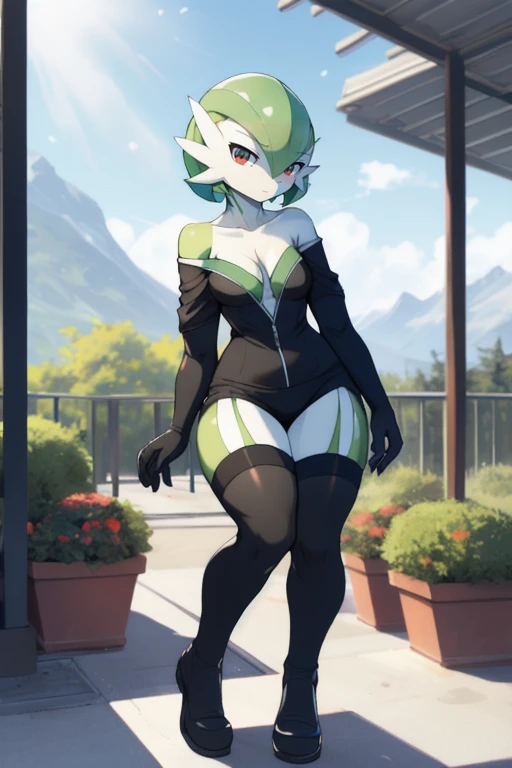 masterpiece, best quality, full body, Solo, male focus, (androgynous), furry, pectorals, pectoral cleavage, muscular, sidepec, (wide hips), huge ass, ((Gardevoir)), ((pokemon)), (off-shoulder suit), (sweater crop top), outfit-gh2, elbow gloves, thighhighs