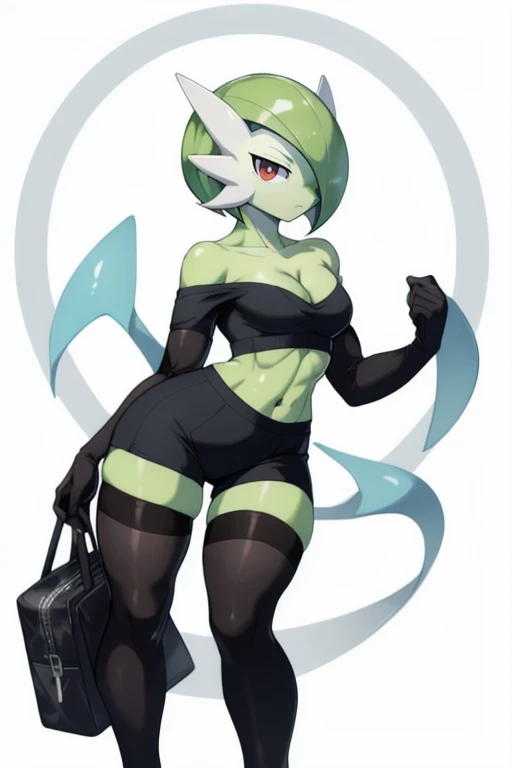 masterpiece, best quality, full body, Solo, male focus, (androgynous), furry, pectorals, pectoral cleavage, muscular, sidepec, (wide hips), huge ass, ((Gardevoir)), ((pokemon)), (off-shoulder suit), (sweater crop top), outfit-gh2, elbow gloves, thighhighs