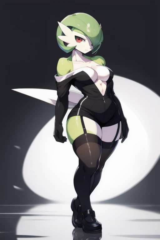 masterpiece, best quality, full body, Solo, male focus, (androgynous), furry, pectorals, pectoral cleavage, muscular, sidepec, (wide hips), huge ass, ((Gardevoir)), ((pokemon)), (off-shoulder suit), (sweater crop top), outfit-gh2, elbow gloves, thighhighs