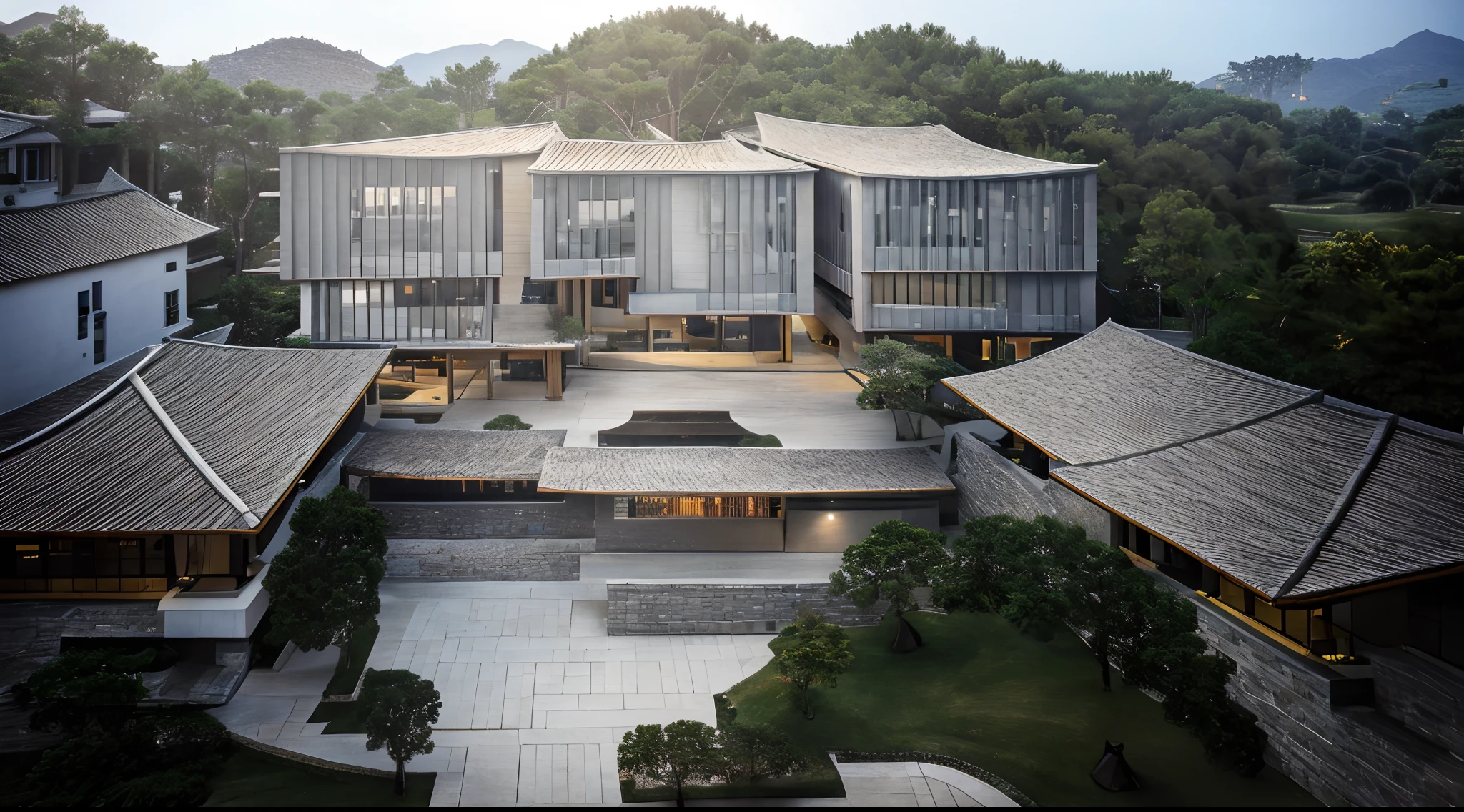 A one-storey building in Chinese style，Gray sloping rooed stone walls，Large floor-to-ceiling glass windows，The background is the village，Half a bird's eye view，k hd，There is an element of bamboo