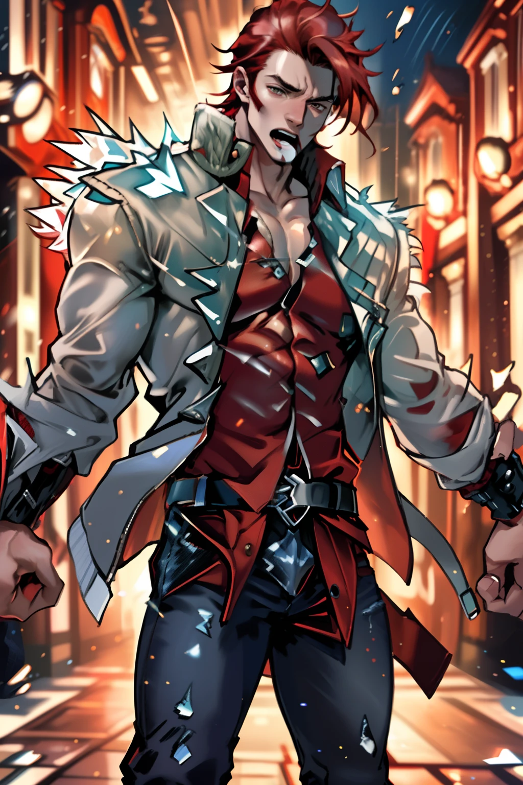 ultra high res, best quality, masterpiece, 1boy, , red hair,brown eyes, jeans, red jacket, white shirt, open jacket, extremely muscular masculine man, scream, shirtless