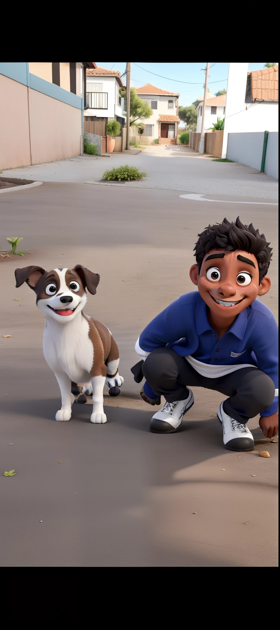 The adventures of Tony and his pitbull pearl, Toninho na cor marrom, a happy little boy Disney style and pearl his pitbull in brown color with a white and brown snout
