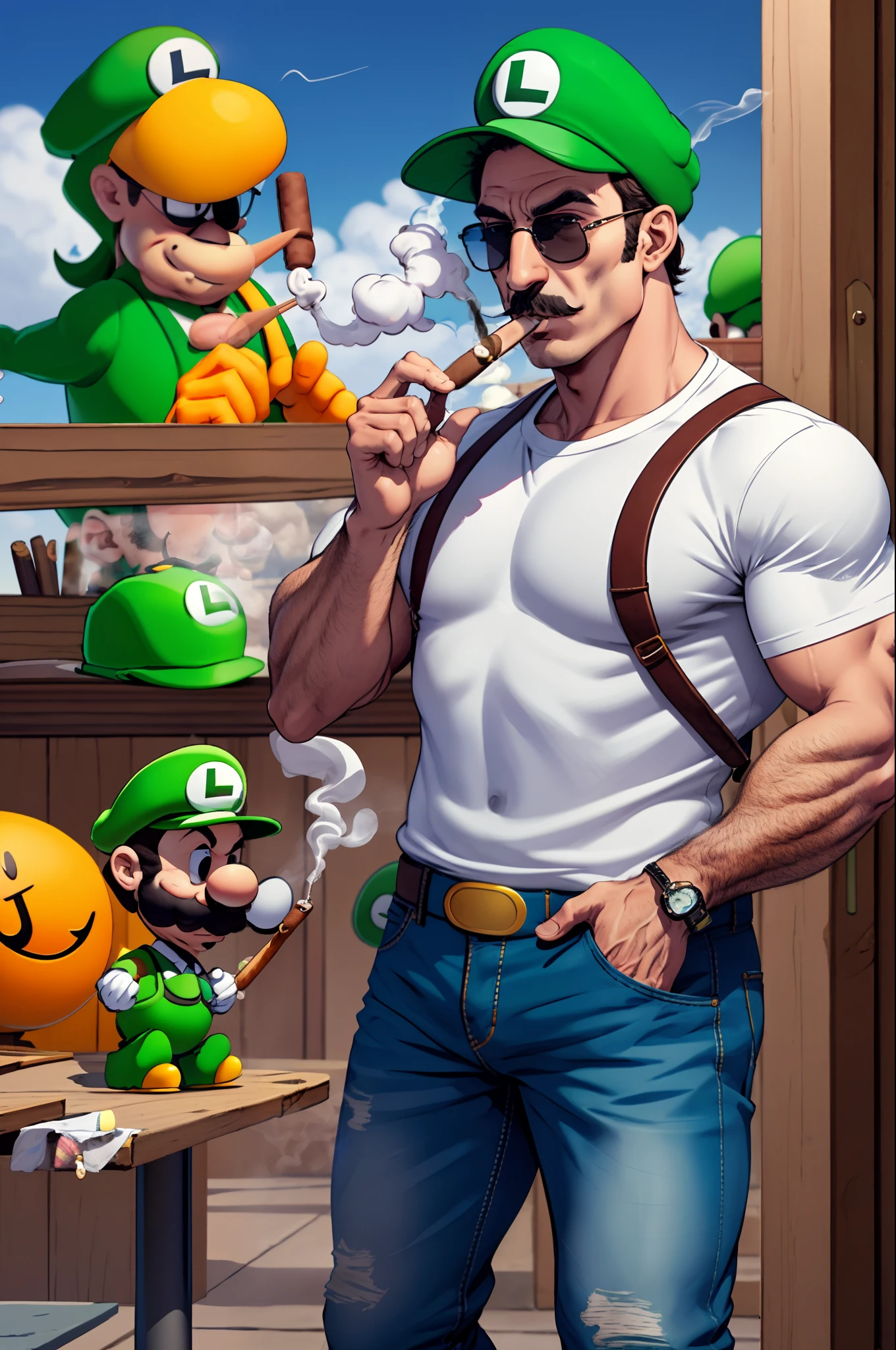 Luigi smoking a cigar and wearing sunglasses