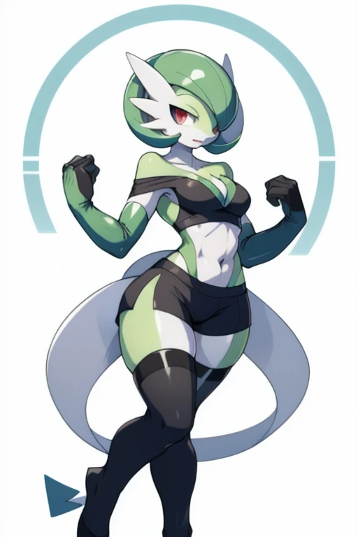 masterpiece, best quality, full body, Solo, male focus, (androgynous), furry, pectorals, pectoral cleavage, muscular, sidepec, (wide hips), huge ass, ((Gardevoir)), ((pokemon)), (off-shoulder suit), (sweater crop top), outfit-gh2, elbow gloves, thighhighs