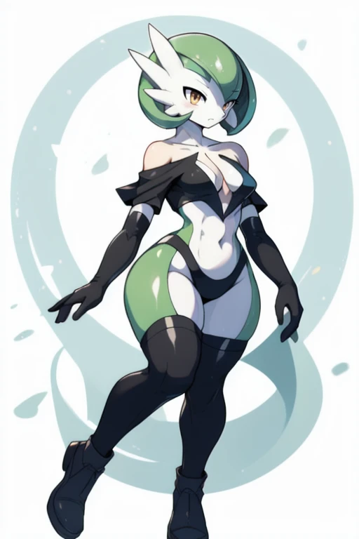 masterpiece, best quality, full body, Solo, male focus, (androgynous), furry, pectorals, pectoral cleavage, muscular, sidepec, (wide hips), huge ass, ((Gardevoir)), ((pokemon)), (off-shoulder suit), (sweater crop top), outfit-gh2, elbow gloves, thighhighs