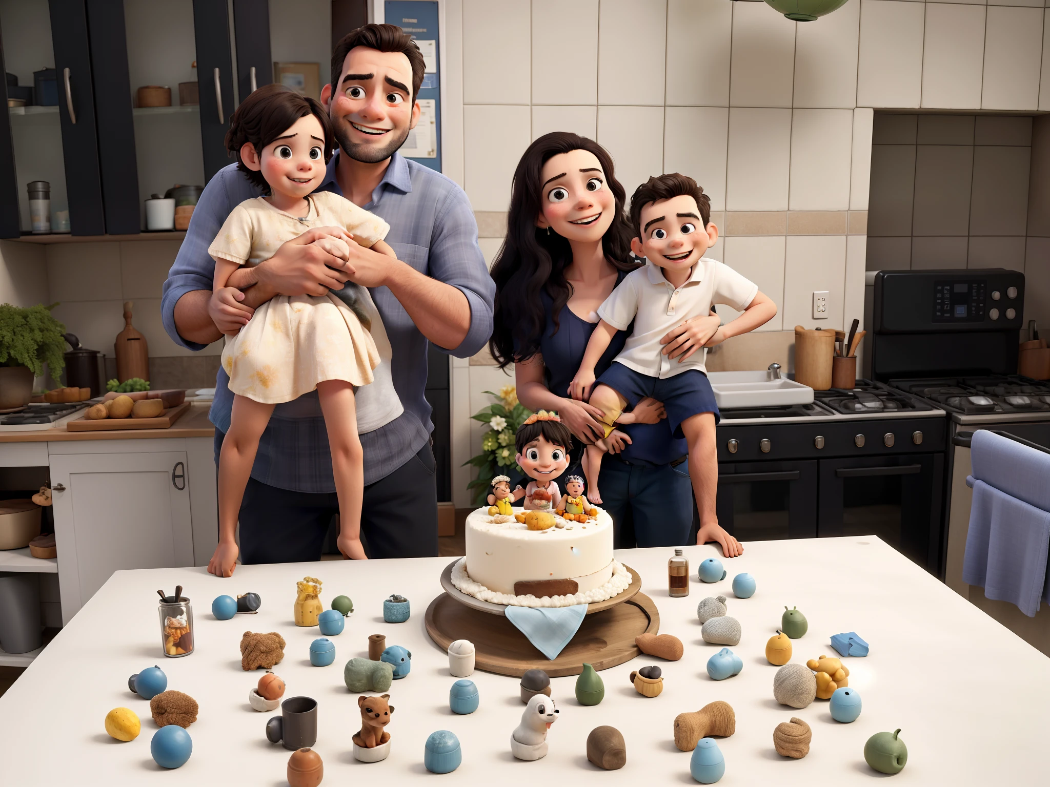 happy family, Father with daughter and mother with son, comemorando