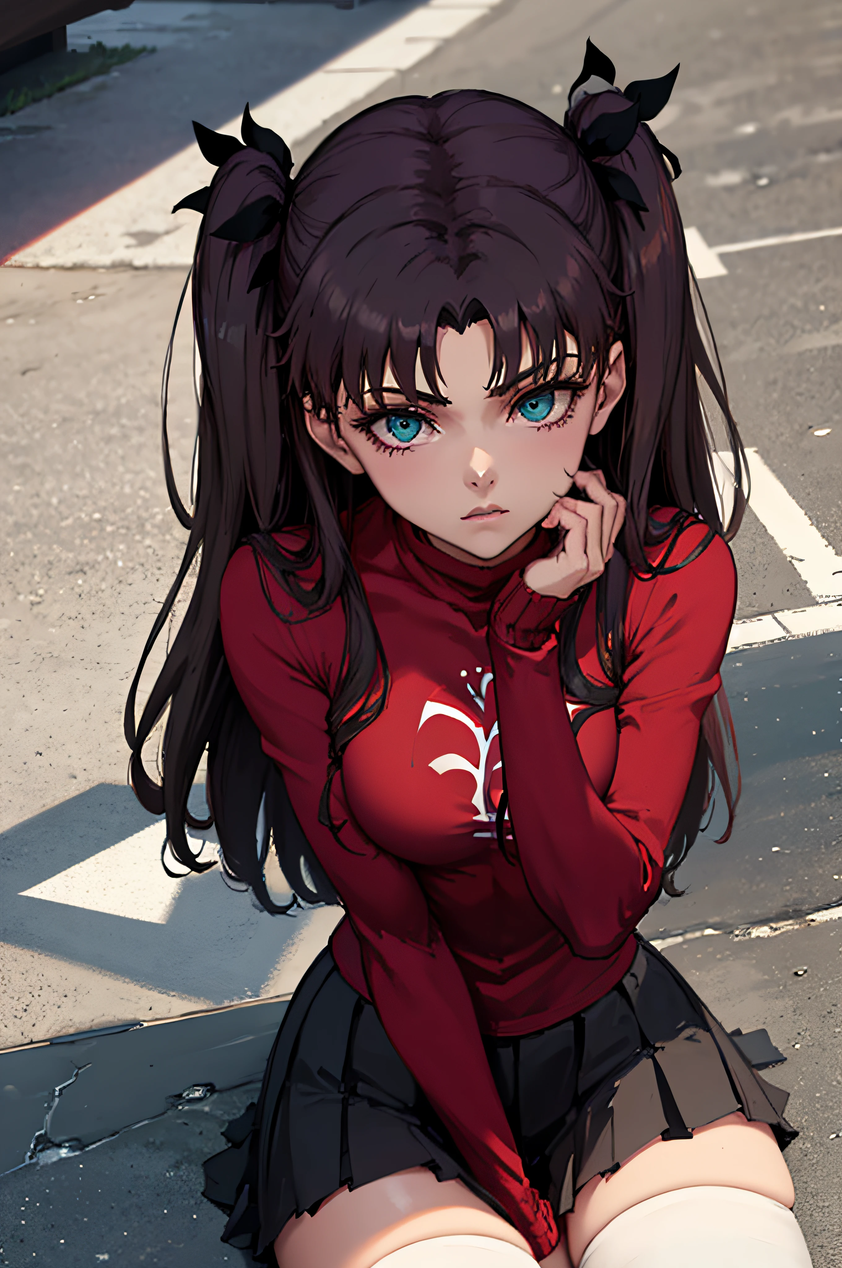 (masterpiece), best quality, expressive eyes, perfect face, 1girl, solo, rintohsaka, rin tohsaka, aqua eyes, black hair, hair ribbon, long hair, ribbon, sidelocks, two side up, black skirt, black thighhighs, long sleeves, miniskirt, pleated skirt, ((red sweater)), skirt, sweater, thighhighs, turtleneck, city background, sitting, character sheet, upper body, portrait, looking at viewer