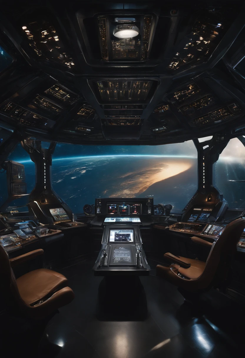 The inside of the bridge of a space battleship about 1500 years in the future. From the window, You can see the scenery of alien stars, The entire space is、It is full of working consoles with electronics and screens,There are control seats for 20 crew members Full HD
