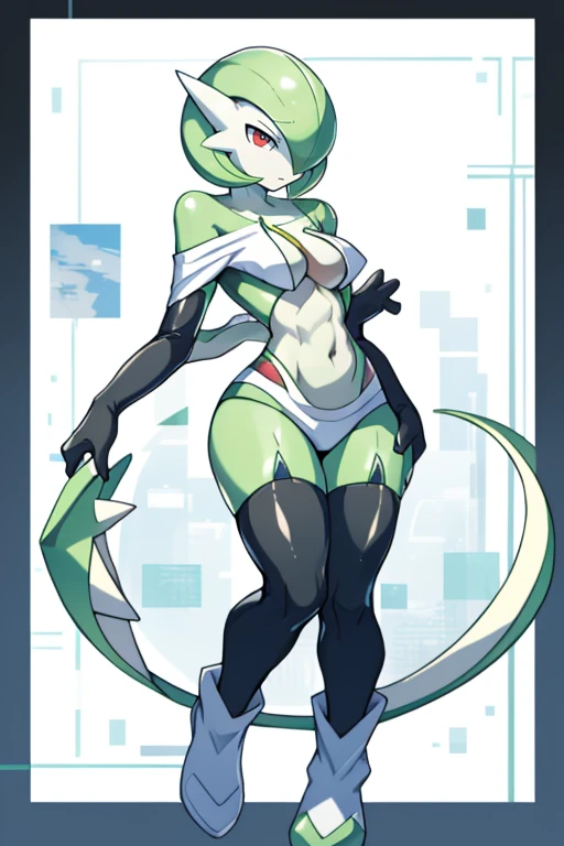 masterpiece, best quality, full body, Solo, male focus, (androgynous), furry, pectorals, pectoral cleavage, muscular, sidepec, (wide hips), huge ass, ((Gardevoir)), ((pokemon)), (off-shoulder suit), (sweater crop top), outfit-gh2, elbow gloves, thighhighs