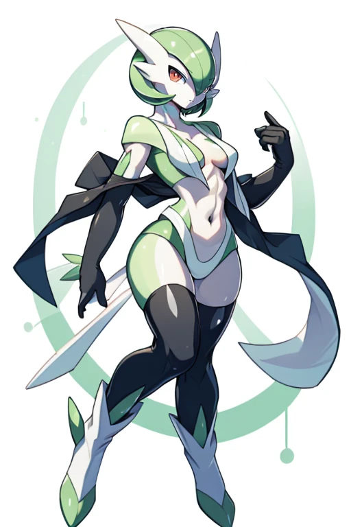 masterpiece, best quality, full body, Solo, male focus, (androgynous), furry, pectorals, pectoral cleavage, muscular, sidepec, (wide hips), huge ass, ((Gardevoir)), ((pokemon)), (off-shoulder suit), (sweater crop top), outfit-gh2, elbow gloves, thighhighs