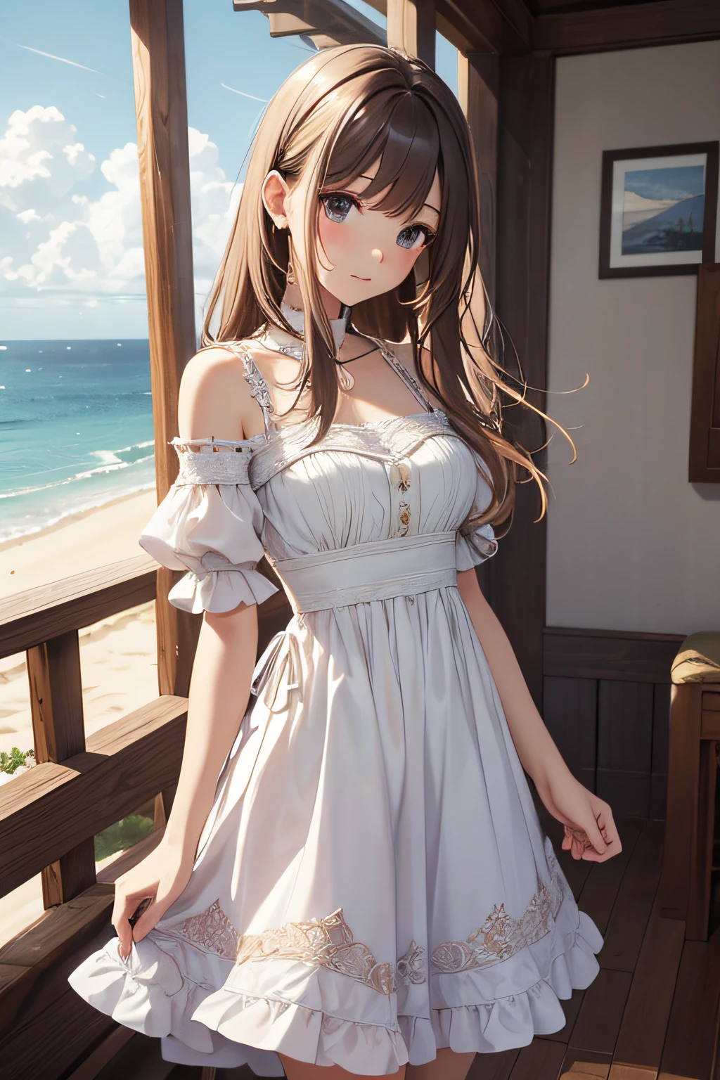 masterpiece、Background with((sea side、sand beach))、20yr old、a beauty girl、Highly detailed embroidery on the dress、skirt by the、