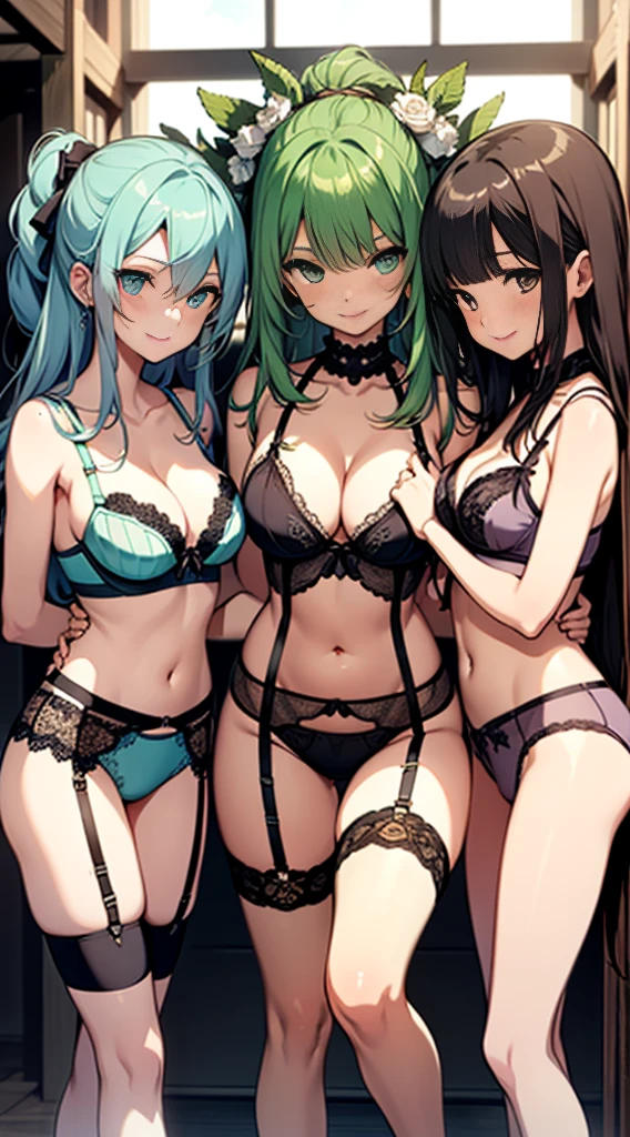 ((((Multiple characters from the harem were depicted with smiles))))、Masterpiece illustrations with the highest image quality and ultra-high resolution、4 beautiful women、Detailed eyes、Troubled face、red blush、Navel Ejection、((((Mint Lingerie)))),Lace-trimmed bra, (Garter Belt:1.3), thighs thighs thighs thighs, cleavage, side-tie panty,(Special twine panties:1.3),garterbelts、((Angle from the rear))