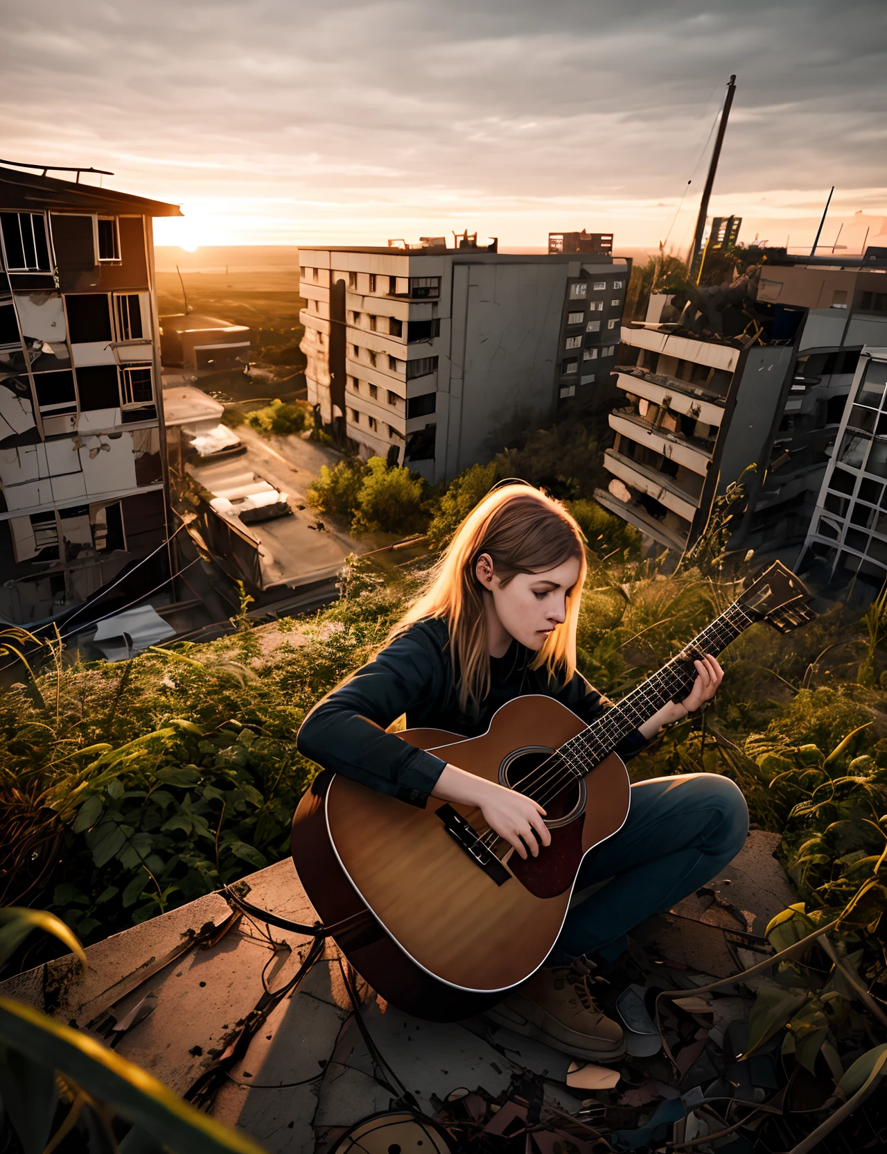 The last of us, Ellie Williams, acoustic guitar, female, sunset, broken buildings, plant overgrowth