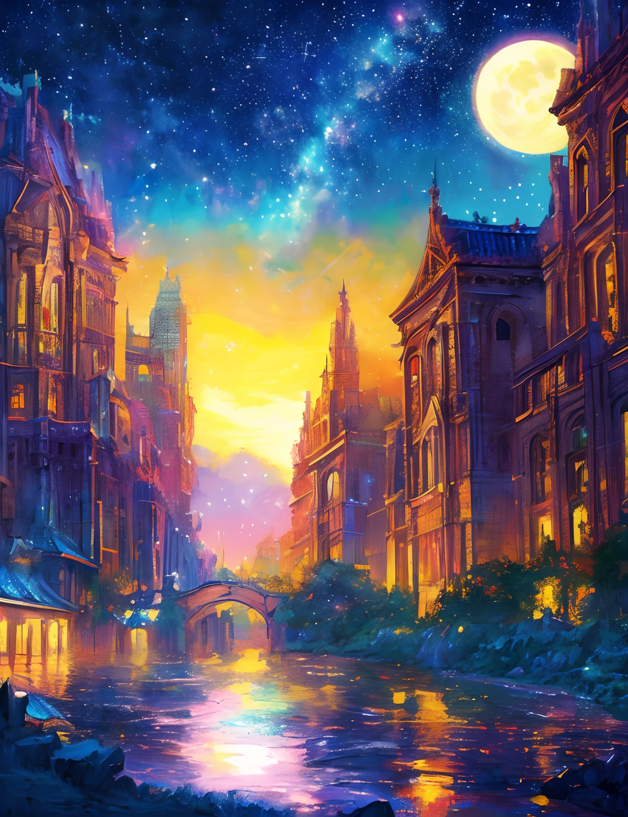 ((Supergiant pale yellow moon))((A girl who looks up at her profile and is subjectively depicted))、((Crying girl))、Profile Girls、The colorful Metropolitan Museum of Art in the background、River painting with stars and moon in rainbow sky、the met、Shining skyscrapers、Shine across the board、Skyscrapers、Concept art inspired by Mitsuoki Tosa、pixiv contest winners、top-quality、Fantasyart、beautiful anime scene、Bright moon、Moonlit star environment、Dream painting、Anime Background Art、Fantasy landscape art、fantasy knight、anime backgrounds、background artwork、Fantastic art、atmospheric anime、starrysky、Detail has been enhanced。