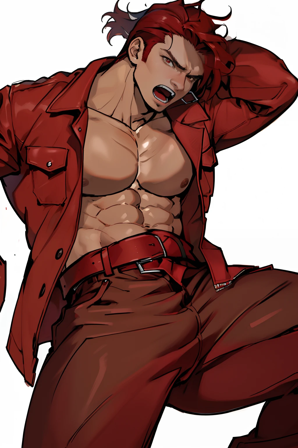 ultra high res, best quality, masterpiece, 1boy, , red hair,brown eyes, jeans, red jacket, white shirt, open jacket, extremely muscular masculine man, scream, shirtless