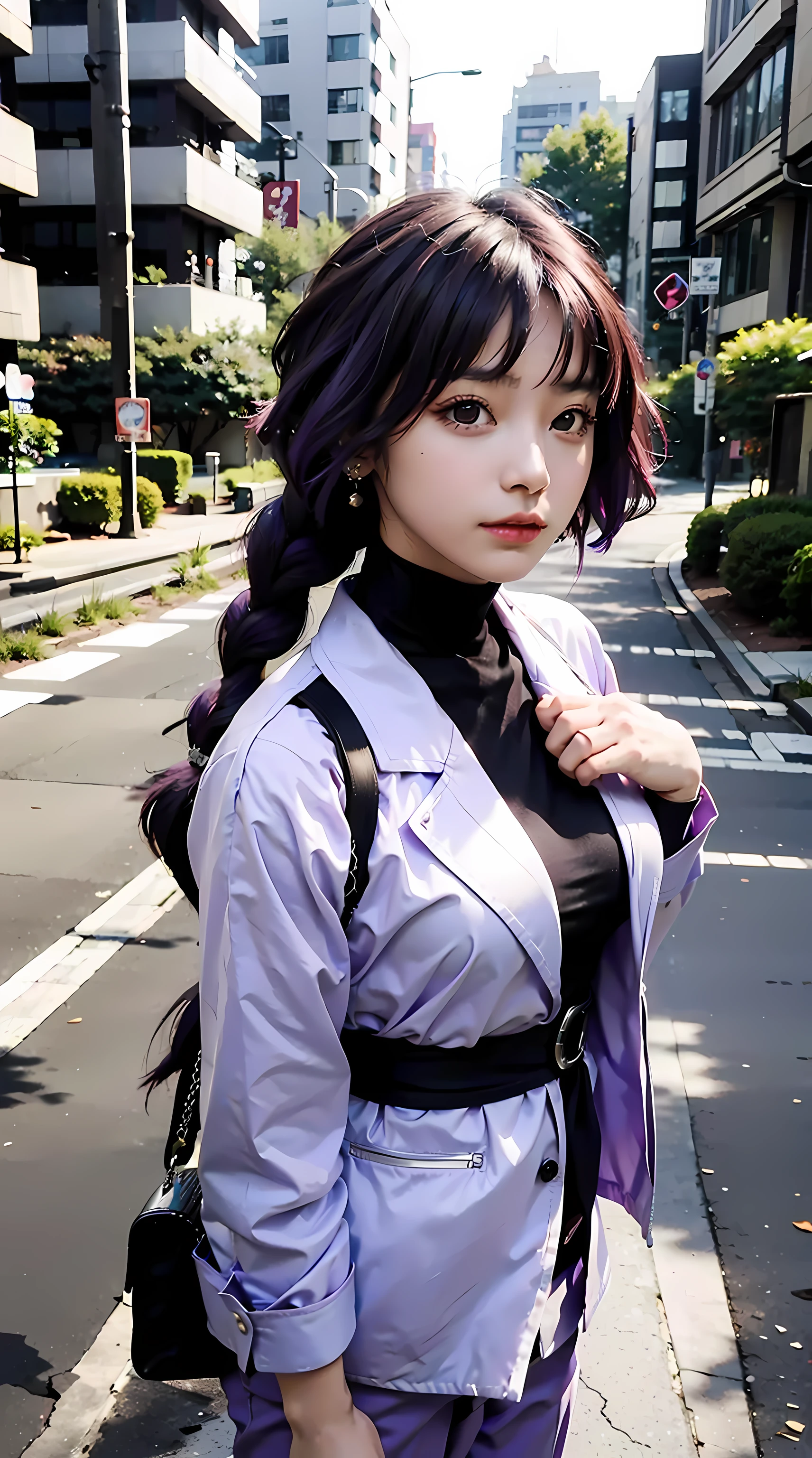 sumire kakei, single braid, purple hair, beautiful, beautiful woman, perfect body, perfect breasts, wearing a white formal shirt, black blazer, trousers, handbag, wearing a watch, wearing earrings, in public, creature in the city tokyo, on the street, looking at the viewer, a slight smile, realism, masterpiece, textured skin, super detail, high detail, high quality, best quality, 1080p, 16k, purple hair