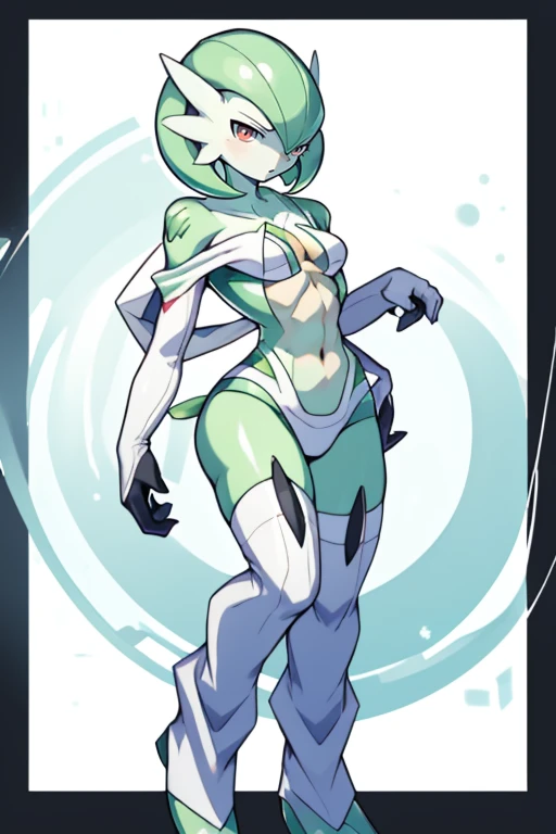 masterpiece, best quality, full body, Solo, male focus, (androgynous), furry, pectorals, pectoral cleavage, muscular, sidepec, (wide hips), huge ass, ((Gardevoir)), ((pokemon)), (off-shoulder suit), (sweater crop top), outfit-gh2, elbow gloves, thighhighs