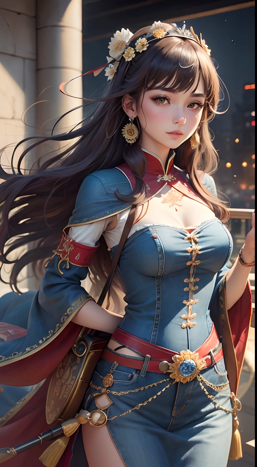 （absurderes，A high resolution，ultra - detailed），1girll，独奏，mature，（Very long hair，brunette color hair），Transparent Iron Man uniform，比基尼，cleavage，nakeness，obscenity，Emotive expressions，Smile，Pussy bulge，with no underpants，Expose the genitals，Protruding ，Bigchest，Cocked buttocks，Raised sexy，Colorful，Most detailed，The upper part of the body，exteriors，trpical garden