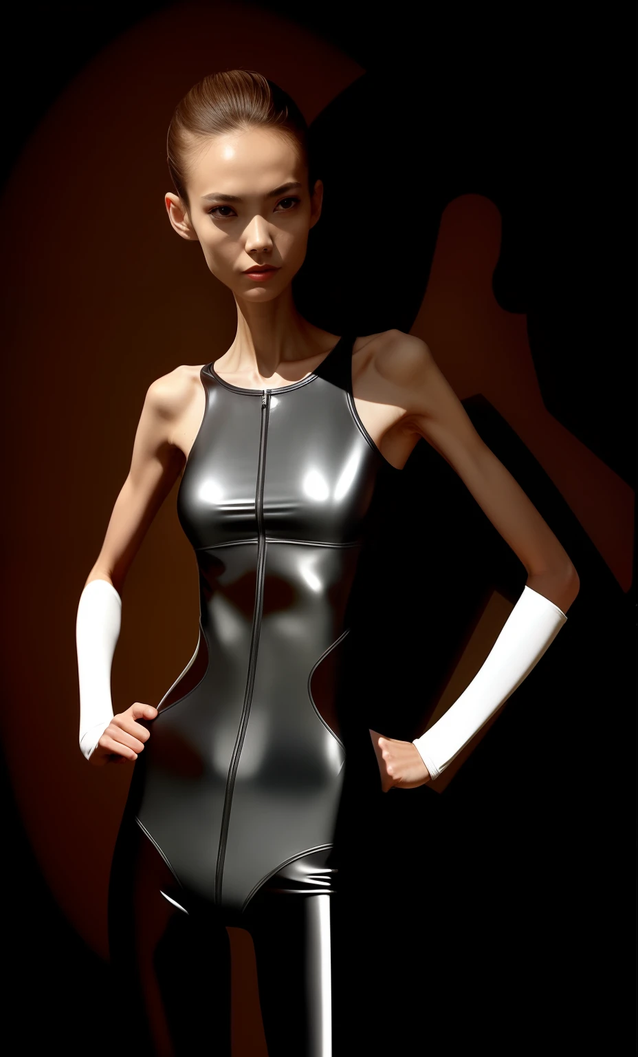 Extremely skinny skinny woman, A thin body，Wear a one-piece skinny latex suit，Thin shoulders，The ribs are noticeable，The pelvis is visibly protruding，White skin of the，Thin shoulders，Very slender waist and leg expression，Extremely skinny，The abdomen is deeply sunken，short detailed hair，Haggard face