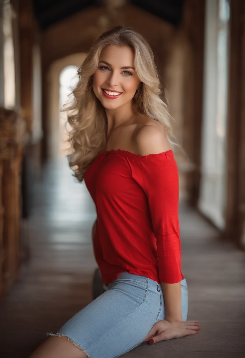 19 Year Old Pretty Woman, nur, Lange Haare, cleavage, Blick auf den Betrachter, blonde Haar, nackte Schultern, braune Augen, Schmuck, full entire body, Halskette, schulterfrei, red tshirt , black stockings, lips, smiling with teeth, realistisch, Nase, Flirten mit der Kamera, denim skirt, Poren, kurvig, detaillierte Haut, Poren, unretuschiert, sitting on a rug, fluffy white socks on