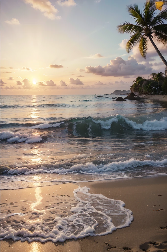 best quality,4k,8k,highres,masterpiece:1.2,ultra-detailed,realistic:1.37,summer sunset horizon,vivid colors,portraits,warm color tones,natural lighting,relaxing atmosphere,tropical palm trees,gentle ocean waves,serene beach scene,silhouette of a couple walking hand in hand,glowing golden sunlight,soft sandy beach,cool ocean breeze,peaceful and tranquil,romantic evening,orange and pink hues,palm tree shadows on the sand,serene and calming,subtle reflections on the water,serenity and serendipity,secluded paradise,heavenly skies,blissful moment of leisure and joy,seagulls flying in the distance,sparkling water,romantic getaway,tranquility and beauty,nature's stunning display,splashes of vibrant colors,triumph of the setting sun,harmony and peace,unforgettable summer memories,quiet sanctuary amidst nature,perfect blend of light and shadows,whisper of the ocean waves,eternal beauty of the sea and the sky