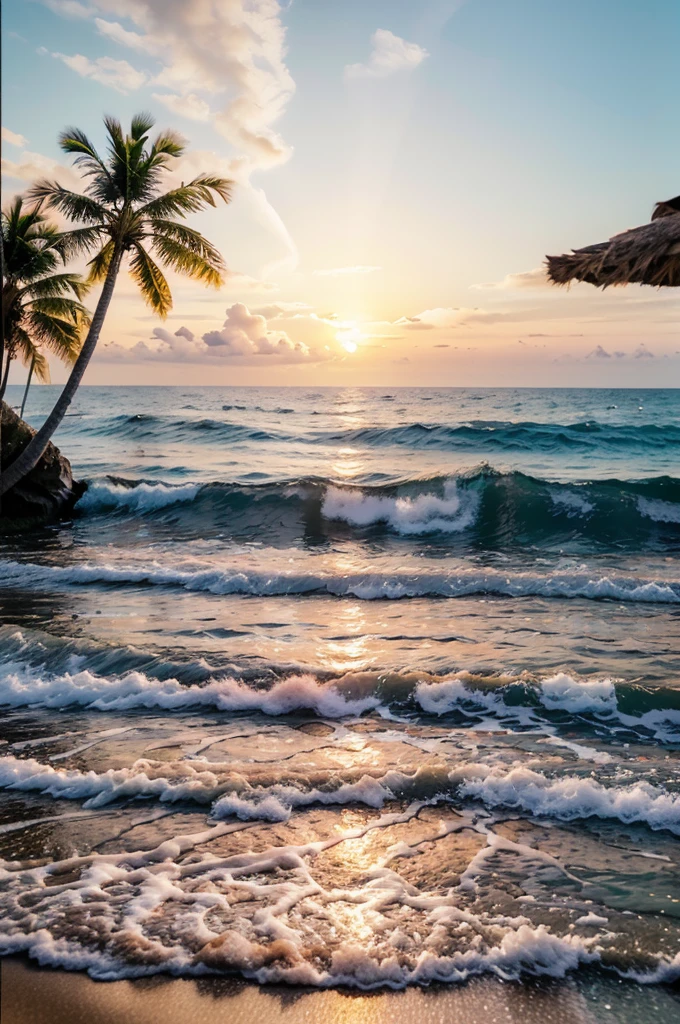 best quality,4k,8k,highres,masterpiece:1.2,ultra-detailed,realistic:1.37,summer sunset horizon,vivid colors,portraits,warm color tones,natural lighting,relaxing atmosphere,tropical palm trees,gentle ocean waves,serene beach scene,silhouette of a couple walking hand in hand,glowing golden sunlight,soft sandy beach,cool ocean breeze,peaceful and tranquil,romantic evening,orange and pink hues,palm tree shadows on the sand,serene and calming,subtle reflections on the water,serenity and serendipity,secluded paradise,heavenly skies,blissful moment of leisure and joy,seagulls flying in the distance,sparkling water,romantic getaway,tranquility and beauty,nature's stunning display,splashes of vibrant colors,triumph of the setting sun,harmony and peace,unforgettable summer memories,quiet sanctuary amidst nature,perfect blend of light and shadows,whisper of the ocean waves,eternal beauty of the sea and the sky
