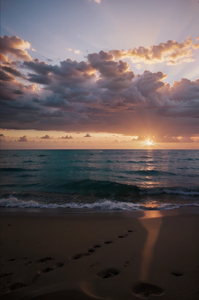 White clouds in the shape of hearts,evening light,beachside,sandbeach,Miscellaneous details,Volumetric lighting BREAK(tmasterpiece:1.2), (Best Picture Quality), 4k, ultra-delicate, (dynamic compositions: 1.4), Rich in detail and color, (Irridescent color: 1.2), (with light glowing, Atmospheric lighting)